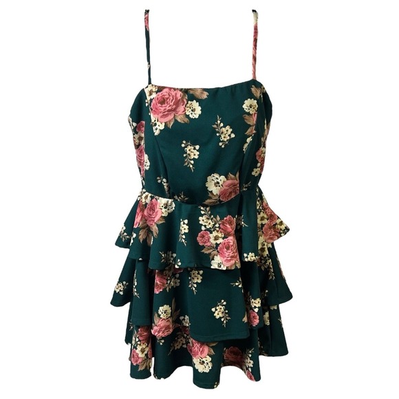 Trixxi Mini‎ Dress Size Medium Green Floral Tiered Scuba Cottagecore Square Neck - Picture 2 of 12